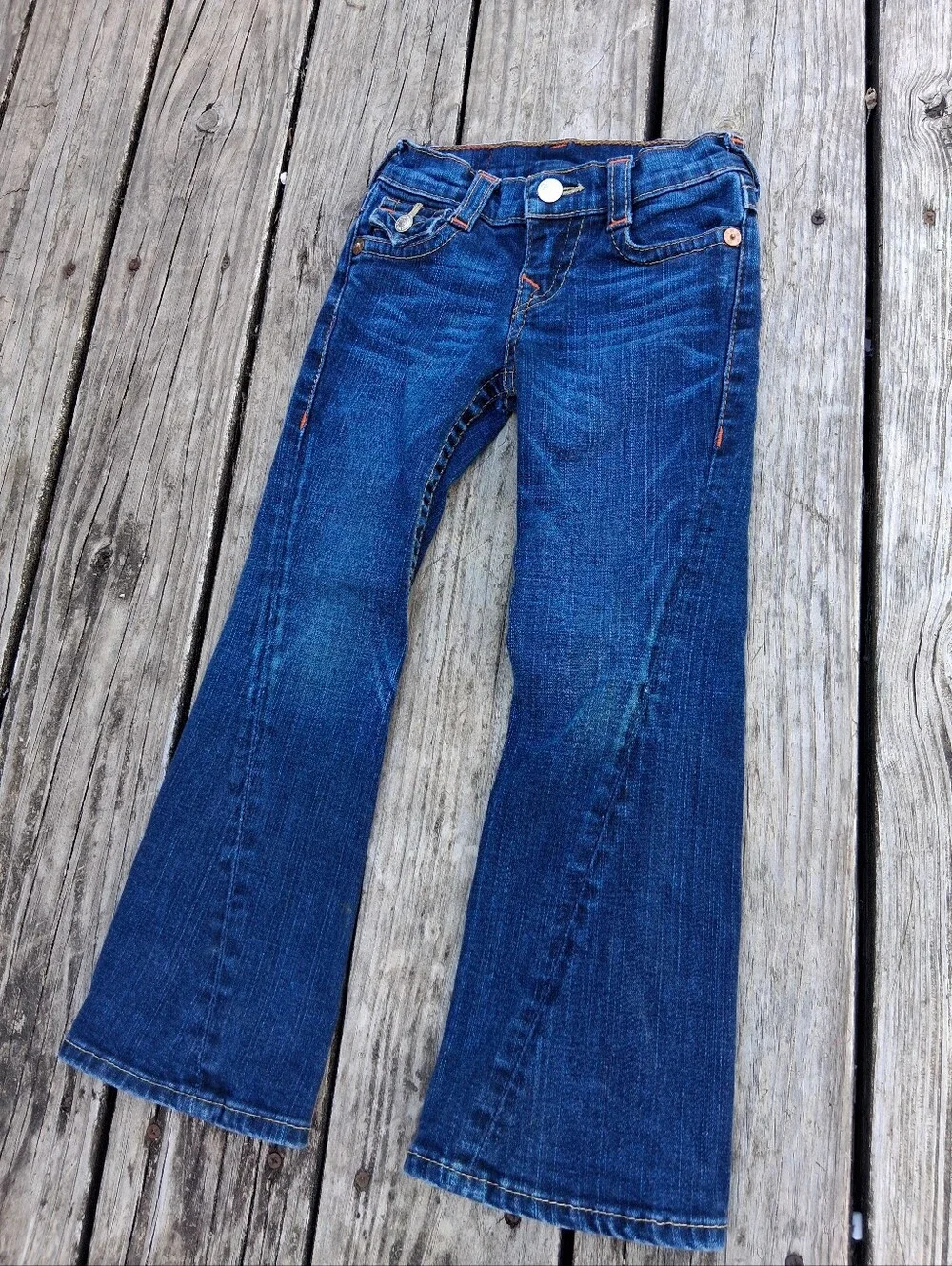 Vintage True Religion Toddler Size 5 T Flare Dark Wash Jeans Orange Stitching